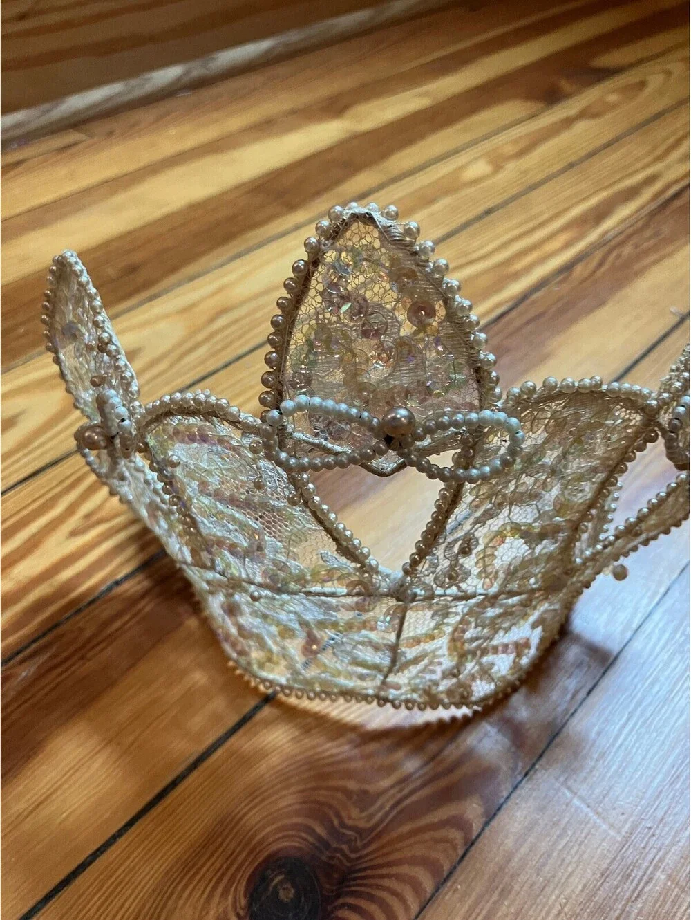 Vintage 1940/50s Pearl Lace Bridal Crown Headpiece Wired Juliet Cap Tiara Ivory